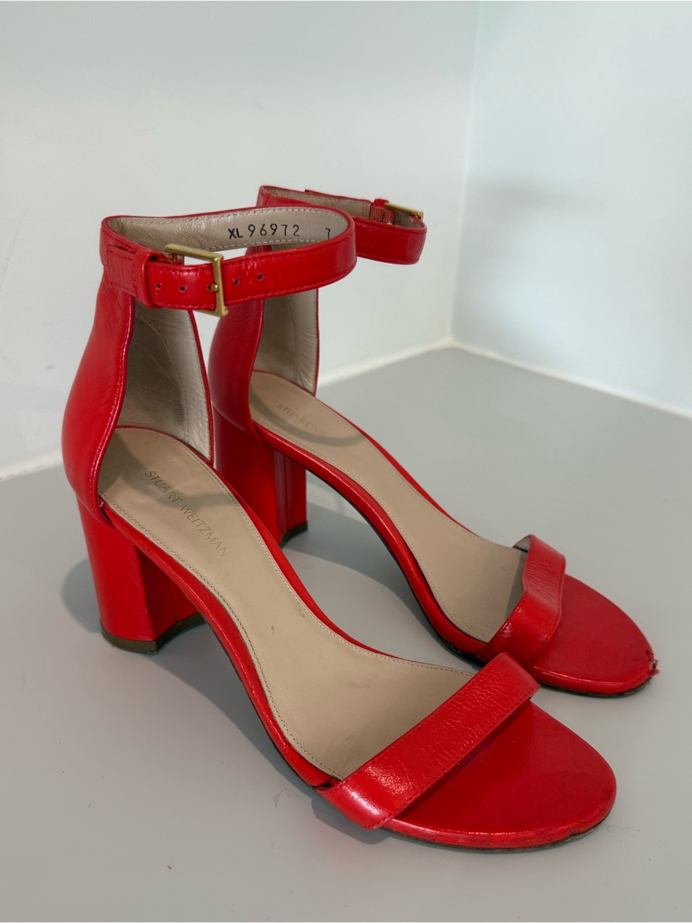 Stuart Weitzman Bright Orange Leather Nudist Open-Toe Ankle-Strap Block Heels
